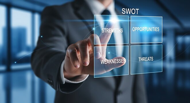 SWOT analysis concept. A business analyst's hand touches a simple holographic SWOT matrix, causing the 'Opportunities' quadrant to stand out.