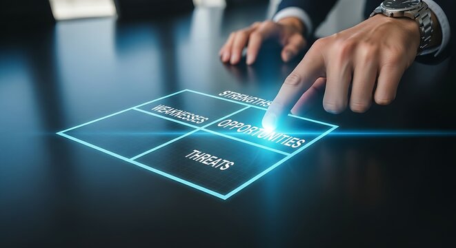 SWOT analysis concept. A business analyst's hand touches a simple holographic SWOT matrix, causing the 'Opportunities' quadrant to stand out.
