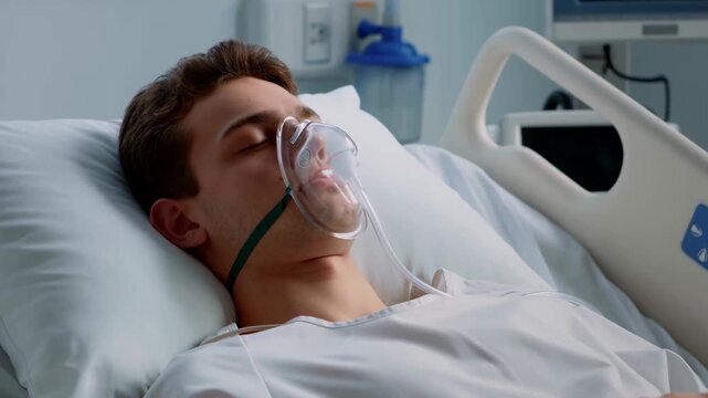 Young man resting in hospital bed with oxygen mask. Patient receiving medical care for respiratory support and recovery