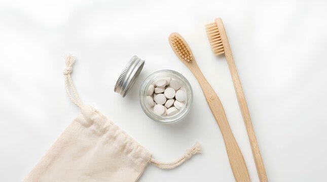 Bamboo toothbrush set, eco friendly, minimalistic flat lay, isolated on white