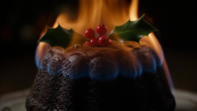 Christmas pudding with holly decoration burns with blue flame on a dark background. Holiday dessert flambe preparation.