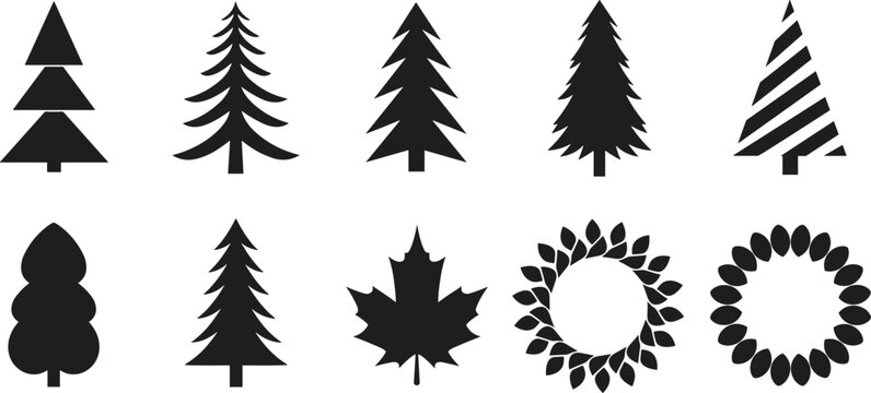 Collection of ten minimalist black nature silhouettes featuring various pine trees, a maple leaf, and decorative leaf wreaths for seasonal winter and autumn branding