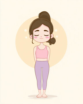 A cheerful cartoon girl with simple, rounded shapes and soft, pastel colors. Her face shows a calm, smiling expression with closed eyes and small rosy cheeks.