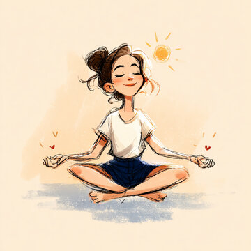 A loose, expressive cartoon illustration featuring a girl in Lotus Pose, drawn with slightly imperfect, energetic lines.
