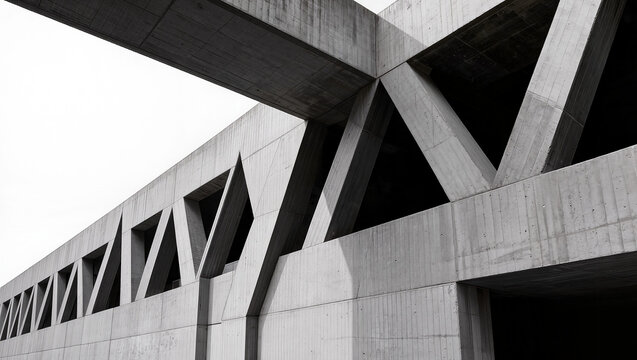 Abstract Brutalist Concrete Architecture with Geometric Shapes and Exposed Beams