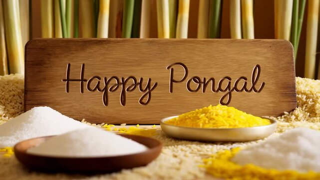 Festive Pongal celebration setup with traditional rice and jaggery, showcasing a wooden sign wishing "Happy Pongal." A vibrant representation of cultural festivities and gratitude