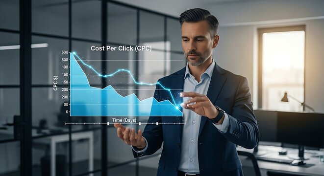 Cost Per Click (CPC) analysis. A performance marketer's hands observe a holographic line graph that shows the CPC decreasing over time.