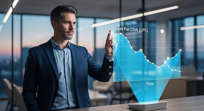 Cost Per Click (CPC) analysis. A performance marketer's hands observe a holographic line graph that shows the CPC decreasing over time.