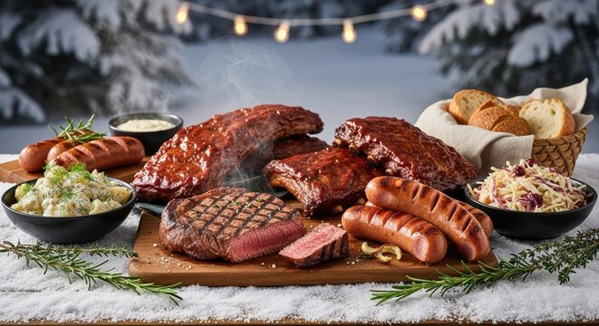 Hearty winter feast featuring succulent grilled steak and smoky barbecue pork ribs served with savory sausages plus fresh potato salad on a wooden board ready for a festive outdoor holiday dinner