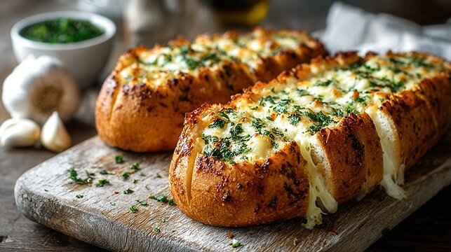 Melted cheese and herb garlic bread on rustic board