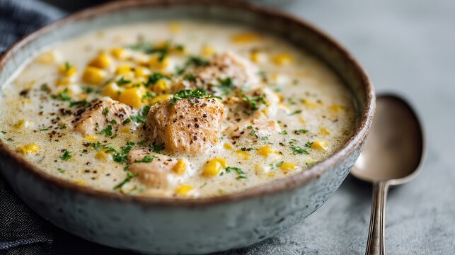 Creamy chicken and corn chowder in a rustic bowl