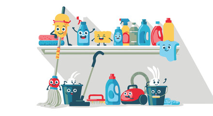 Naklejka premium Cleaning supplies on a shelf.