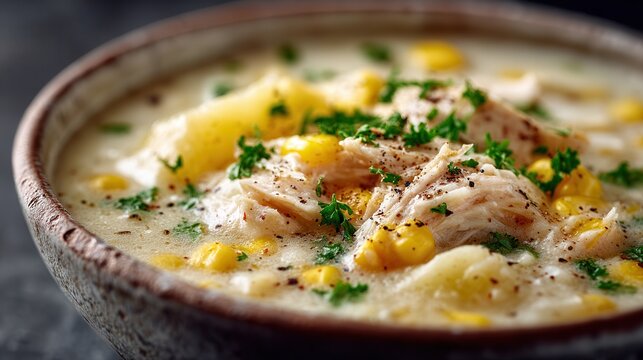 Creamy chicken and corn chowder in rustic bowl shines
