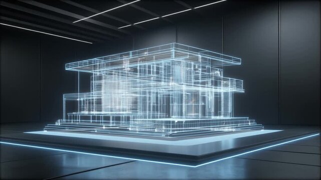 Futuristic Blueprint House Hologram Display in Dark Studio with Neon Lights