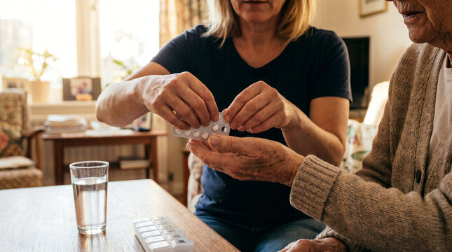 Caregiver helping elderly woman take daily medication pills