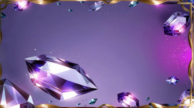 Glowing Purple Anime Amethyst Gem Background With Faceted Crystal and Gold Frame