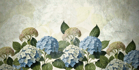 Large painted hydrangea flowers. The mural for the wall. Textile design. Flowers in the grunge style. Blue and white hydrangeas.