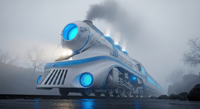 A futuristic steam locomotive travels through dense winter fog during the early morning hours with glowing blue lights illuminating the dark tracks as powerful energy propels the heavy iron