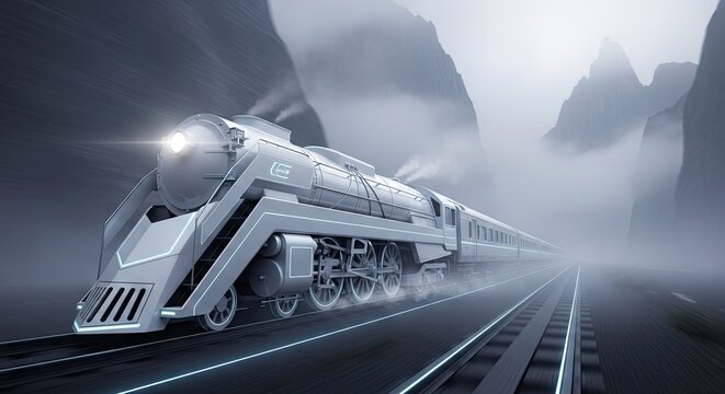 Streamlined locomotive engine travels rapidly across mountainous landscape tracks during a foggy morning journey through the valley while steam rises from the powerful metal transport vessel