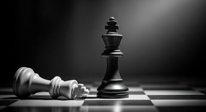 Black king standing triumphantly over a fallen white king piece on a checkered board representing victory in a difficult strategic challenge where leadership prevails during intense mental