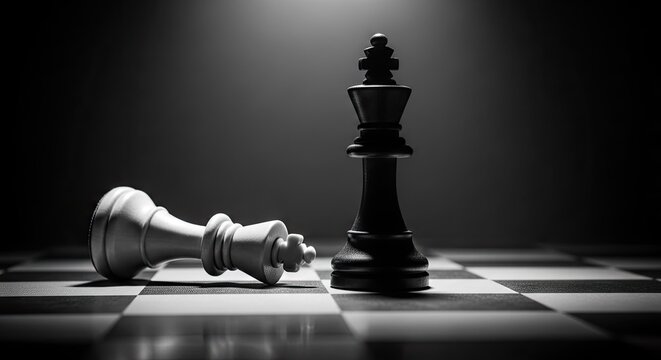 Black king stands tall over the defeated white king on the board during a challenging match representing a strategic victory and the ultimate triumph of leadership over the opponent in