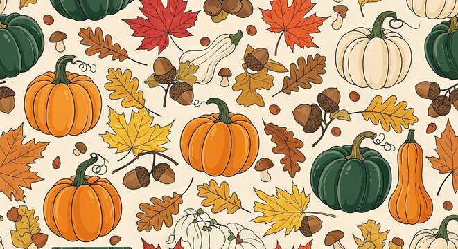 Autumn harvest pattern featuring colorful pumpkins squash oak leaves and acorns creates a seasonal celebration display for thanksgiving festivities and festive home decoration projects across