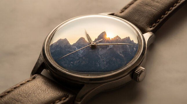 Watch face showing mountain landscape at sunrise