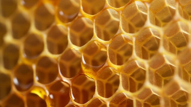 Macro view of liquid gold flowing in honeycomb cells, golden liquid sweetener