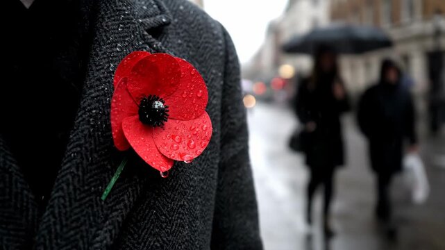 Man wearing a red poppy pin on a coat lapel in a city street. Remembers those who served during Remembrance Day. Respect and honor in urban rainy environment.