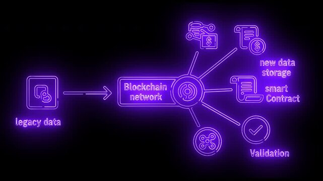 Neon-lit blockchain network diagram with icons on a black background