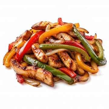 Mexikanische Fajitas freistehend auf wei&szlig;em HintergrundGebratene Fajitas mit H&auml;hnchen, Paprika und Zwiebeln, isoliert auf wei&szlig;