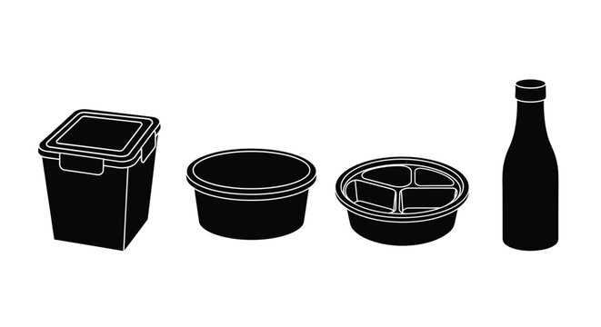 Black containers and bottle depicted in a stark flat silhouette