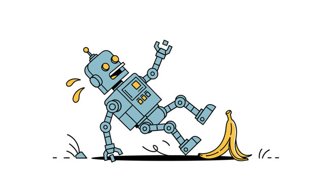 Clumsy Robot Cartoon Character Slipping on Banana Peel on Isolated White Background