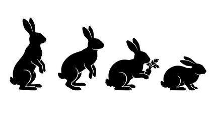 Obraz premium Rabbit silhouettes sit and stand on a white studio background. One rabbit holds a carrot adding a playful element.