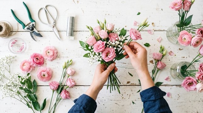 Florist at work. Woman making beautiful bouquet of pink eustoma