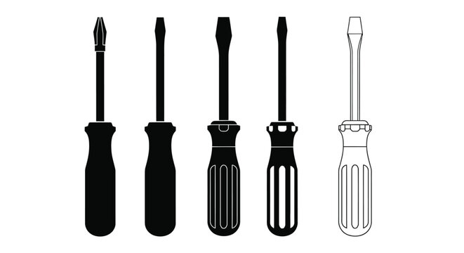 Four screwdrivers in a row black and white a simple silhouette