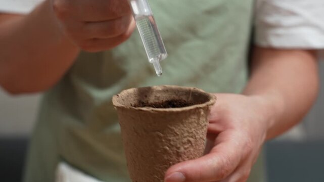 Close-up of a gardener using a syringe to carefully water soil in a peat pot 4k video. Gardener dispenses water droplets from a syringe into a prepared seedling container.