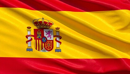 Obraz premium Spanish national flag with red-yellow-red stripes, detailed coat of arms featuring crowned shield, columns, and royal crown symbolizing sovereignty.