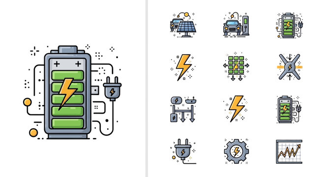 Battery icons with charging symbols.