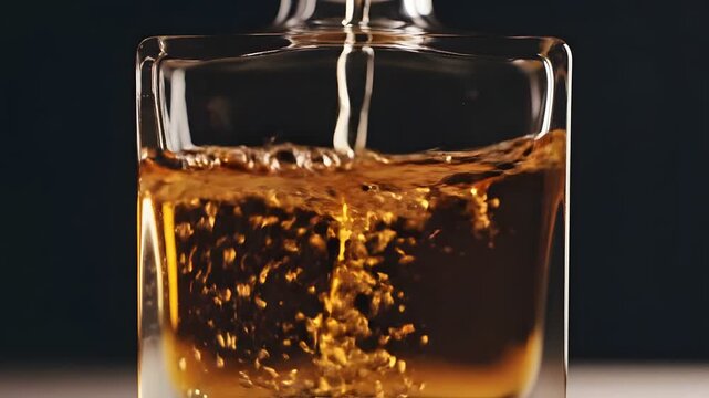 Golden whiskey pouring into square glass bottle against dark background
