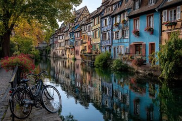 Fototapeta premium Charming European Canal Scene with Vibrant Houses and Bike