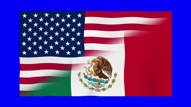 USA and Mexico Flag Waving Animation Blue Screen Chroma Key 4K Loop