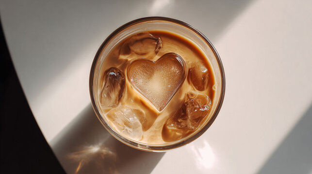 Refreshing latte featuring clear and transparent heart shaped ice