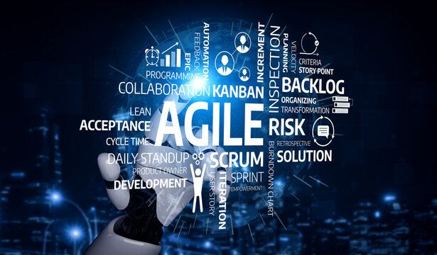 Abstract visualization of agile methodology showcasing essential terms in project management. Emphasizes collaboration, feedback, and efficient development strategies. Tessel
