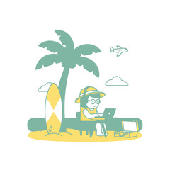Fototapeta premium Freelancer working on laptop on tropical beach with surfboard and palm tree