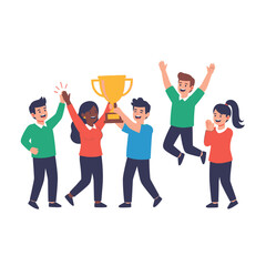 Fototapeta premium Diverse team celebrates victory, holding a gold trophy and cheering with joy.