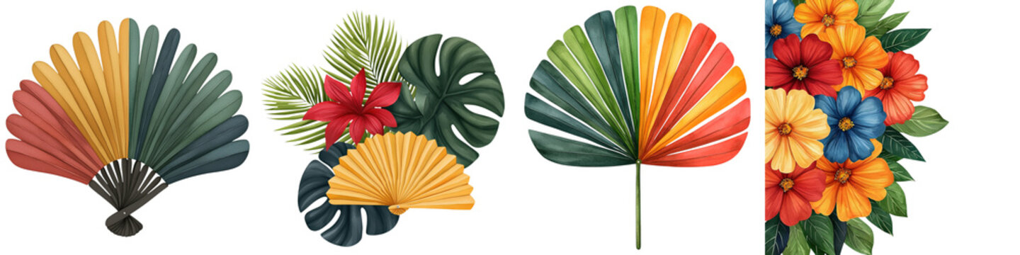 Cultural mothers day tradition, Four vibrant tropical floral and leaf arrangements featuring colorful hibiscus flowers and fan-shaped palm leaves in various hues.