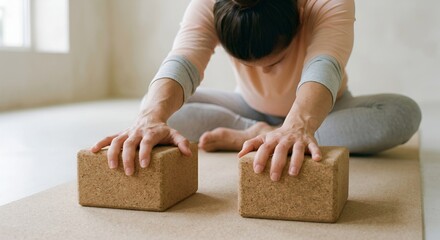Woman stretching during yoga practice using cork blocks on a mat.