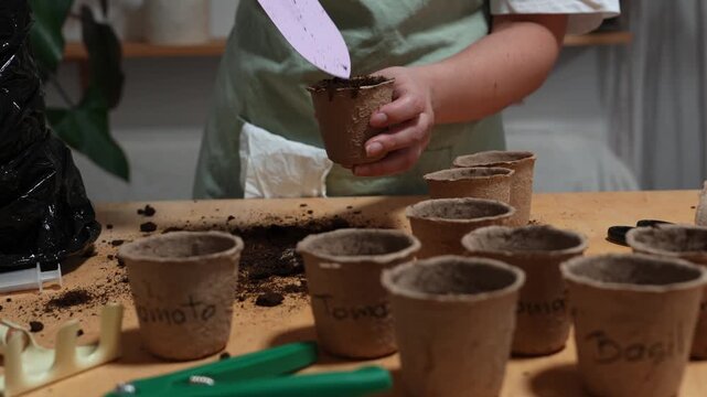 Filling Seedling Pots with Soil 4k video. Girl gardener fill a peat pot with dark soil. Gardener scoops rich earth into a biodegradable cup using a wooden-handled shovel.