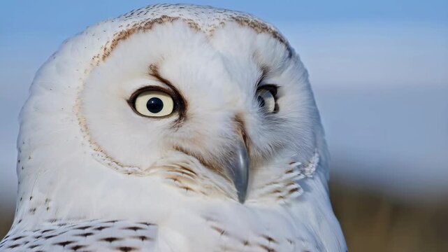 Close-up of a majestic snowy owl with striking eyes against a blue sky. Symbolizes wisdom, nature, and wildlife conservation